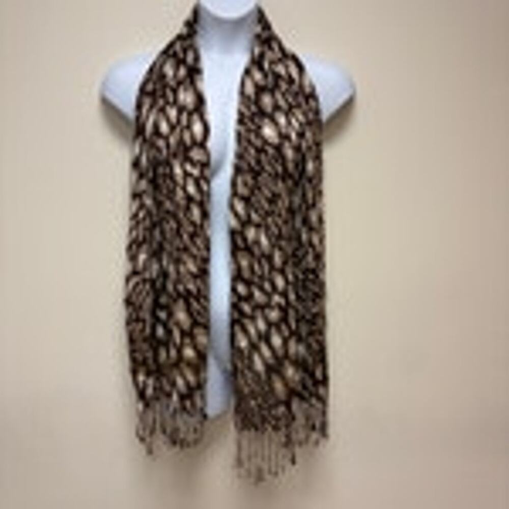 Chic Brown & Cream Abstract Leopard Animal Print Scarf Fringe Pashmina-Style